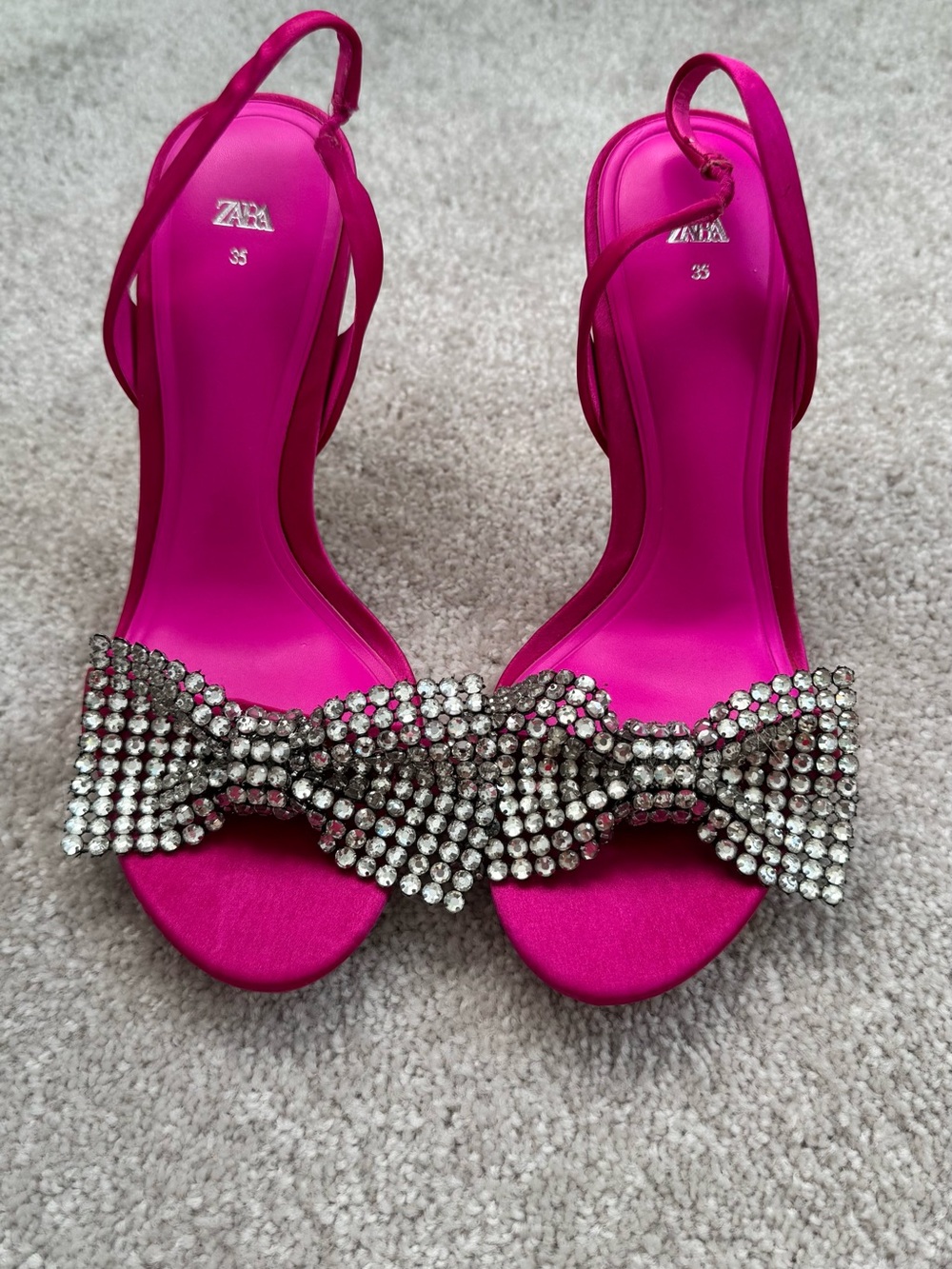 ZARA Hot Pink Satin Slingback Heels with Crystal Bow